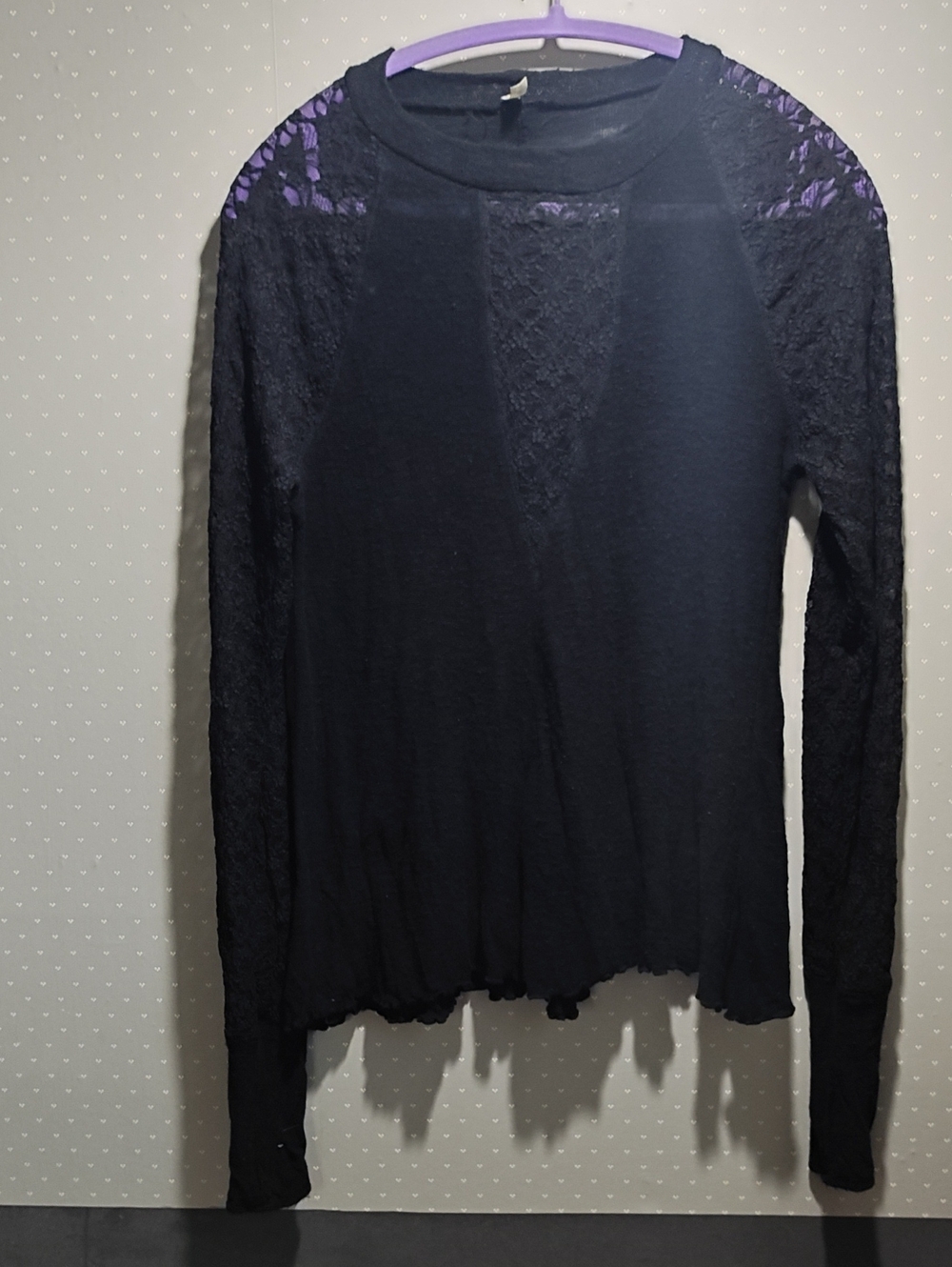 Free People Black Lace-Panel Long Sleeve Tee